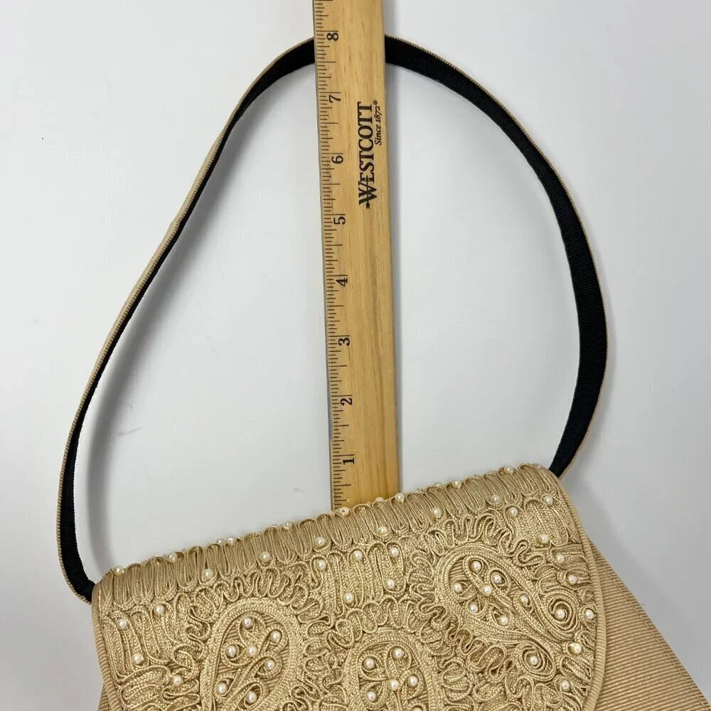 Timmy Woods Beverly Hills Purse Gold Textured w/High Relief Pearl Embroidery